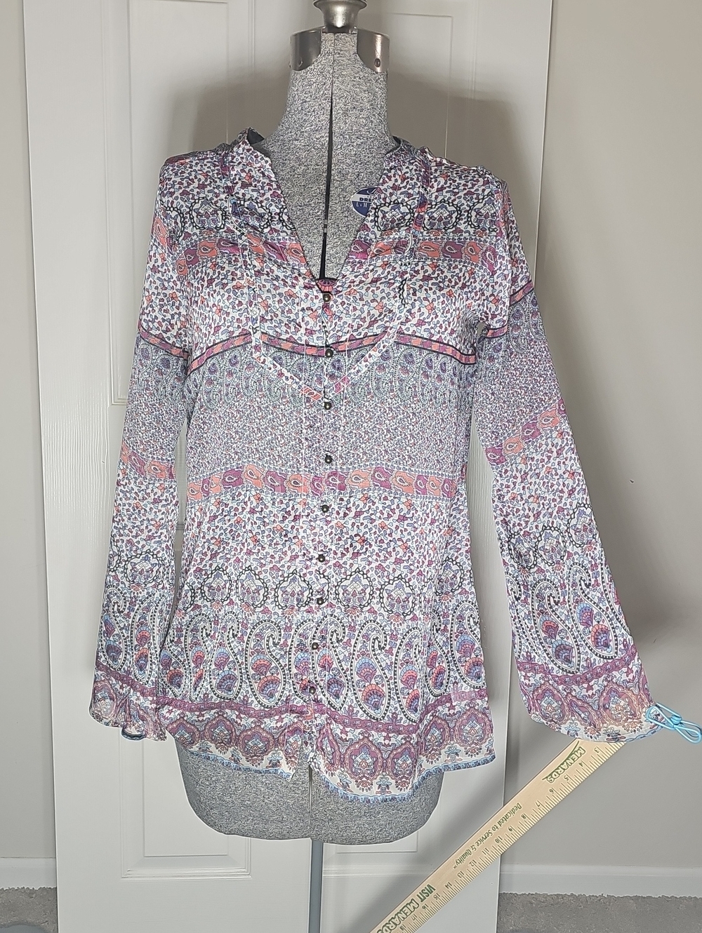 CONVERSE Semi Sheer Long Sleeve Metal Button Up Festival Tunic Blouse Size S